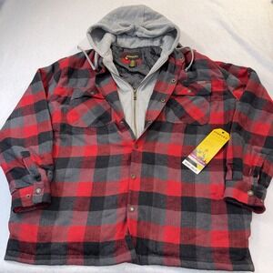 Stanley Hooded Flannel Shirt Jacket Mens XXL  Red, Black, Buffalo Plaid Quilted